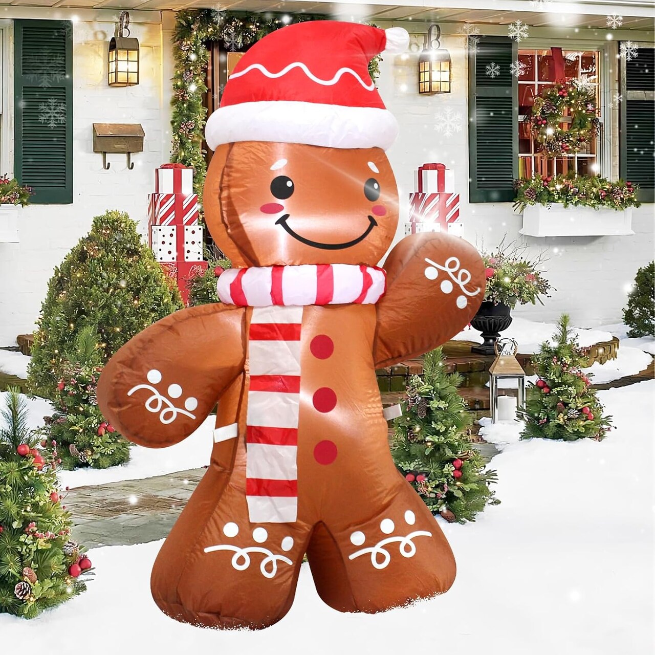 4 Feet Inflatable Gingerbread Man Christmas Decoration with Santa Hat LED Lights Perfect for Outdoor Indoor Holiday Decor Christmas Inflatable Doll Great for Lawn Garden Christmas Party